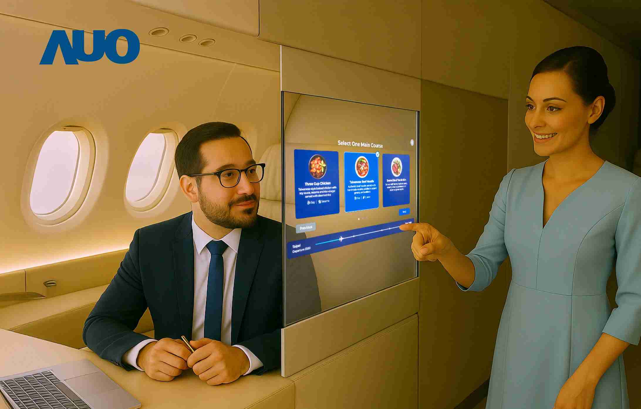 杏悦2研发全球最薄17.3 吋双面透明 Micro LED 显示器，，，，可在同一屏幕之双边投射不同信息，，，，创造独特的”透明化”互动；图为实时翻译交流应用情境